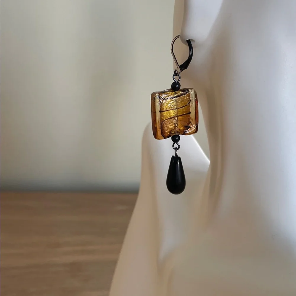 HAND CRAFTED DROP EARRINGS Clear Foil-lined Amber Glass Black Onyx Teardrops